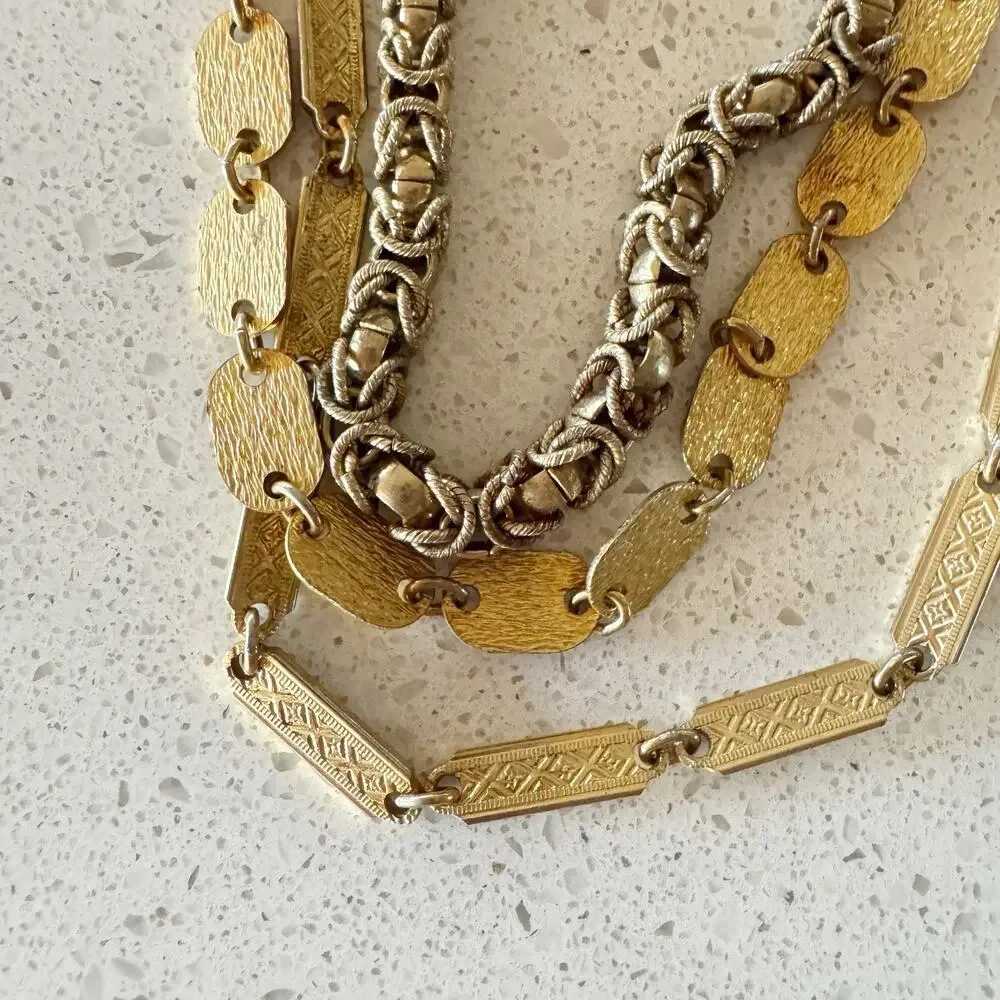Three Gold Tone Vintage Art Deco Long Strand Chain Necklaces